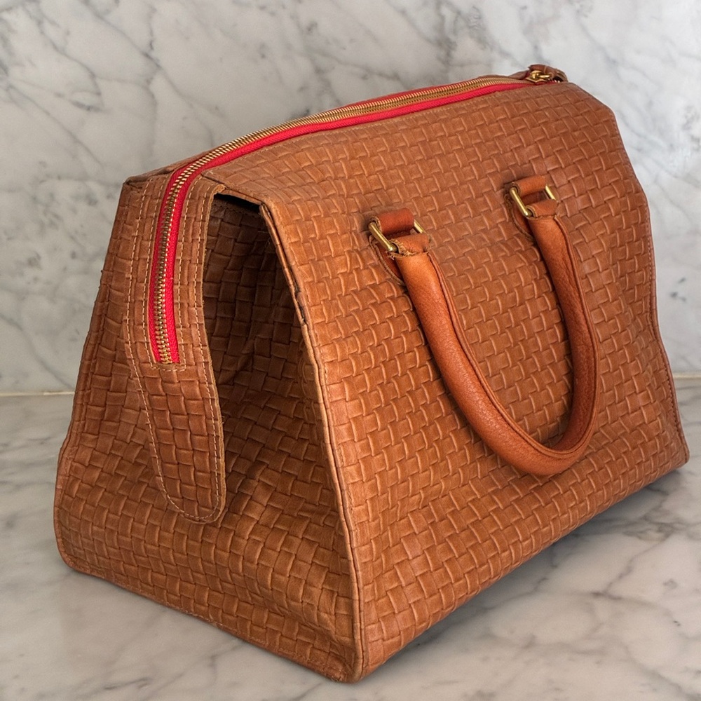 Authentic Clare V. Woven Leather Satchel Handbag in Cognac - Picture 6 of 14